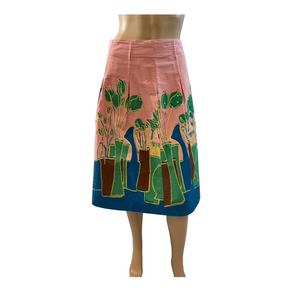 By Deep Los Angeles Midi Skirt Embroidery A-Line Cotton Pink Coral Green Size S